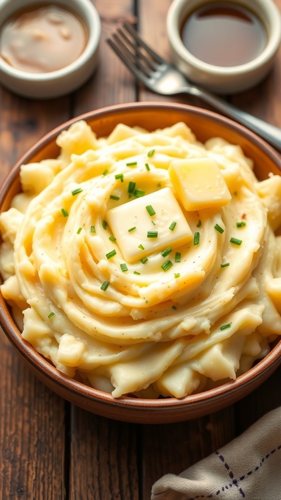 Creamy Mashed Potatoes Recipe for 6 People A bowl of creamy mashed potatoes with butter and chives on a rustic table with gravy.